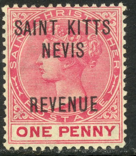 ST. KITTS NEVIS 1884 QV 1d Dull Rose REVENUE Bft. No. 1 MH