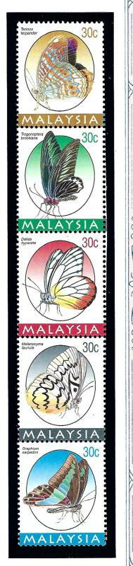Malaysia 590-95 MNH 1996 Butterflies strip of 5