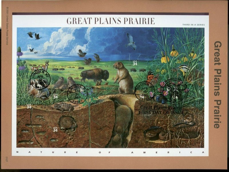 UNITED STATES 2001 GREAT PLAINS PRAIRIE SHEET  SOUVENIR PAGE FD CANCELED