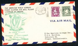 Ireland 1946 first flight cover  Pan American Limerick, Ireland to Prague, Czech