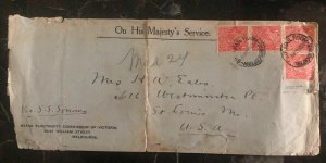 1926 Victoria Australia OHMS Electricity Comm Cover To St Louis Mo USA SS Sonoma