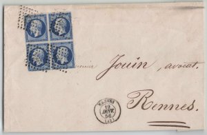 France 1856 20c Napoleon Rouletted Block on Cover Nantes to Rennes