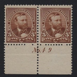 1890 Grant Sc 223 MNH 5¢ chocolate, fresh plate number pair Est $750