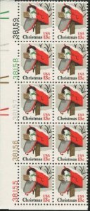 1977 Christmas Mailbox Plate Block of 10 13c Postage Stamps, Sc#1730, MNH, OG