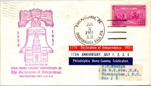 US EVENT COVER CACHETED 175th HOME COMING ANNIVERSARY INDEPENDENCE HALL 1951 E