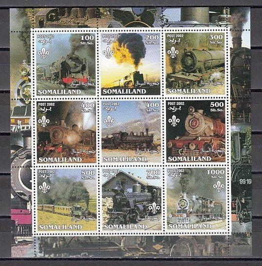 Somaliland, 2002 Cinderella issue. Locomotives sheet of 9. Scout logo