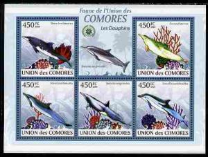 Comoro Islands 2009 Dolphins perf sheetlet containing 5 v...