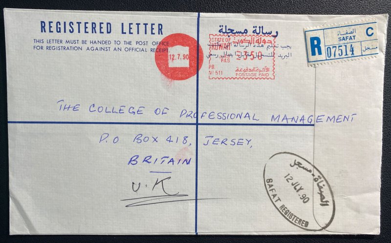 1990 Safat Kuwait Meter Cancel Registere Cover To Jersey Channel Island England