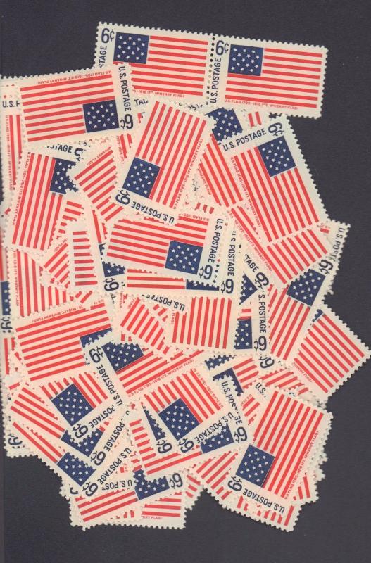  {BJ STAMPS} 1346  100 count  6¢ mint stamps. Fort McHenry, Historic Flags 1968