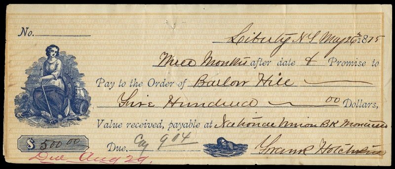 c064 U.S. unstamped promissory note. May 1875, orange and blue, female vignettes