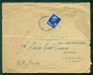 NORWAY, 1941 to ALASKA w/Germany WWII censor, cover to ROAD COMM. MORSE CREEK,