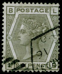 SG147, 6d grey plate 16, FINE USED. Cat £90. LB