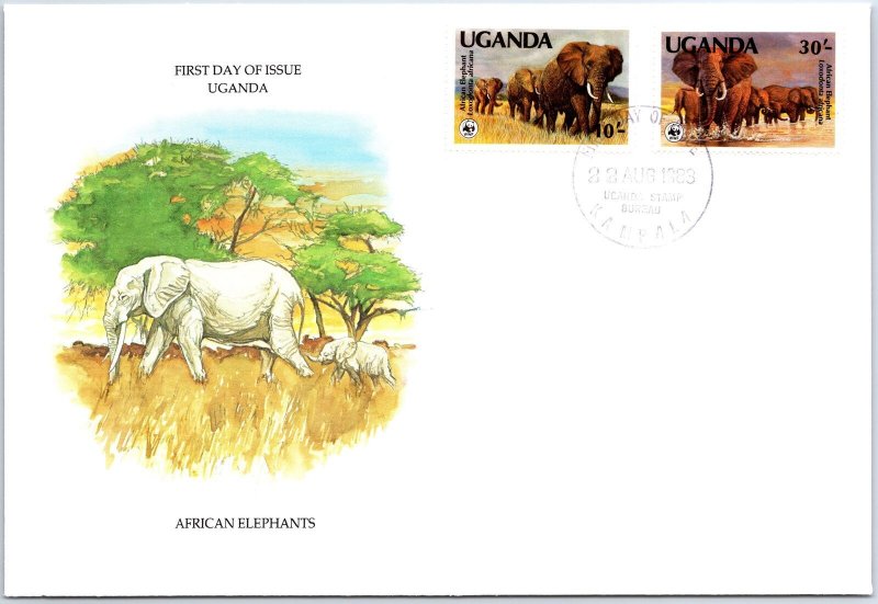 ILLUSTRATED FIRST DAY COVER AFRICAN ELEPHANTS OF UGANDA 1983