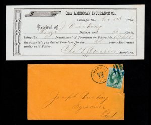 3¢ WASHINGTON BANK NOTE ON ORANGE COVER WITH INSURANCE RECEIPT CHICAGO IL 1873  