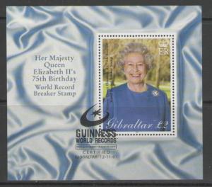 GIBRALTAR SGMS977 2001 75th BIRTHDAY OF QEII O/P GUINESS WORLD RECORD MNH