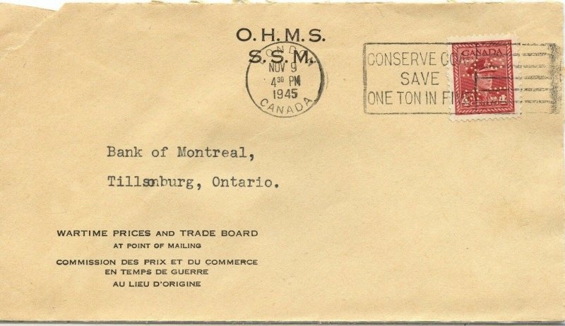 4 hold OHMS PERFIN 1945 - slogan on 4c War Issue cover Canada