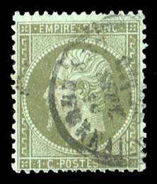 France, 1850-1900 #22 (YT 19) Cat€45, 1862 1c olive green, used