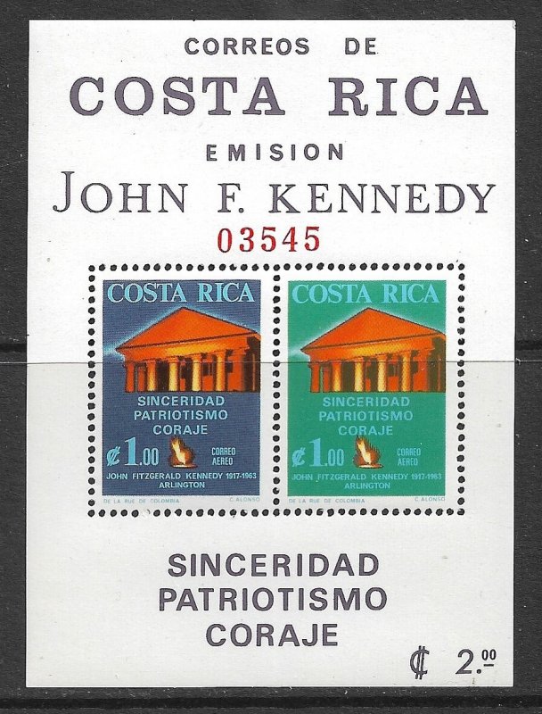 COSTA RICA 1965 JOHN F KENNEDY Perf. Souvenir Sheet Sc C420a MNH