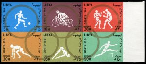 Libya #263a, 1964 Olympics, imperf. se-tenant sheet of six, two top stamps hi...