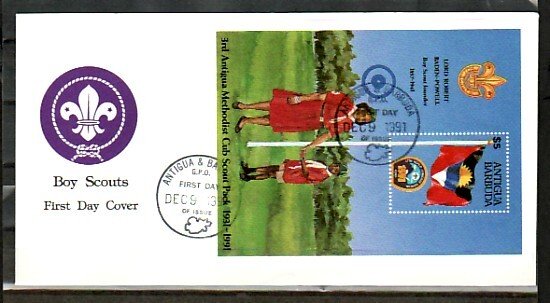 Antigua, Scott cat. 1492. Scout Jamboree s/sheet. First day cover. ^