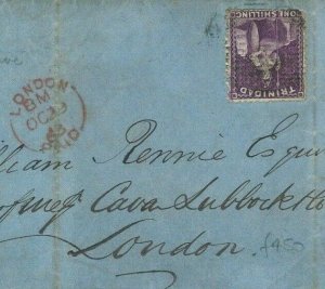 TRINIDAD SG.67 Classic Cover 1s BRIGHT MAUVE (Perf 13) Letter 1863 London W139b