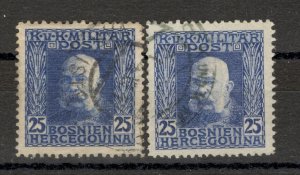 BOSNIA - AUSTRIA - 2 USED STAMPS, 25H - ERROR - DIFFERENT COLOR - 1912.