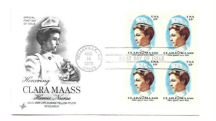 1699 Clara Maass ArtCraft,  block of 4, FDC