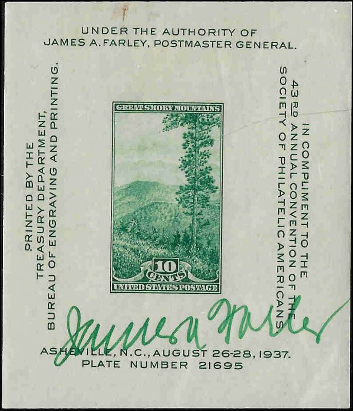 797 Mint,OG,HR... Souvenir Sheet ... Autographed by James Farley