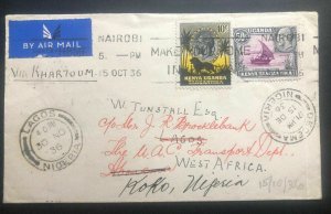 1936 Nairobi Kenya KUT First WestBound Flight Airmail Cover FFC To Koko Nigeria