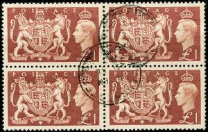 Sg512, £1 brown, FINE used, CDS BLOCK x 4. Cat £72+