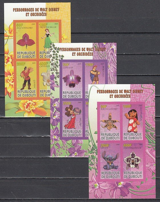 Djibouti, 2009 Cinderella issue. Cartoons & Orchids on 3 IMPERF sheets of 4. ^