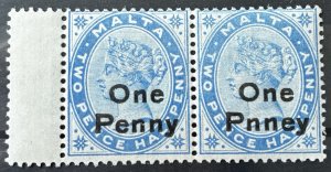SG37a Malta 1902 ‘One Penny’ On 2 1/2d Bright Blue. Lightly Mounted Mint.