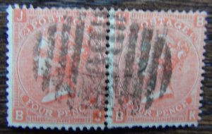 Great Britain 1865 - 1867 4d Vermillion Plate 12 in pair  Used