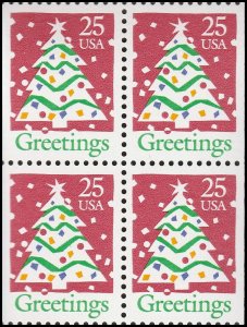 US 2516 Greetings Christmas Tree 25c block 4 MNH 1990