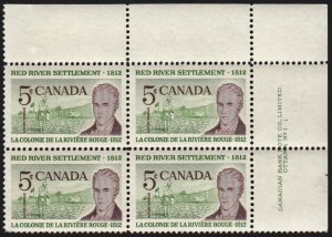 HISTORY = Lord Selkirk RED RIVER = Canada 1962 #397 MNH UR BLOCK of 4 PLATE #1