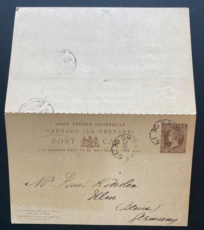 1892 Grenada Reply Postcard Postal Stationery Cover To To Ulm Germany