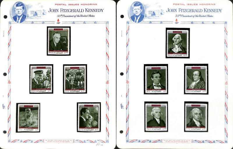 Fujeira Stamp Collection on 12 White Ace Pages, John Kennedy