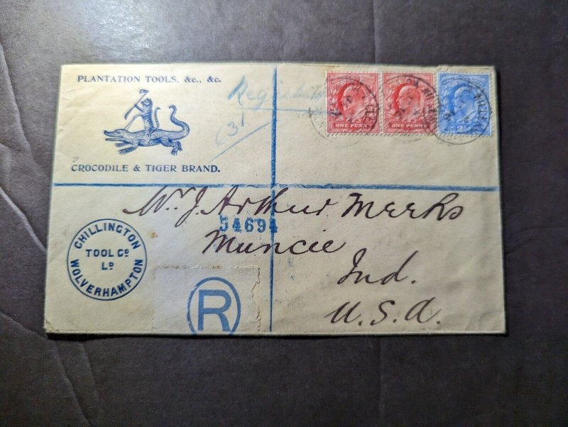 1907 England Registered Cover Chillington Wolverhampton to Muncie IN USA