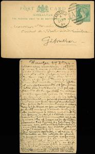 DEC 27 1894 TANGIER Cds, Caged A26 on GIBRALTAR Postal Card & Addressed to Same!