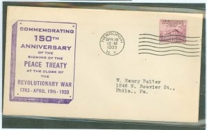 US 727 1933 3c Washington headquarters - Revolutionary War Peace proclamation on an addressed first day cover with a Schultz cac