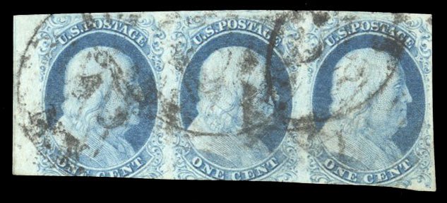 United States, 1851-57 #7 Cat$450, 1851 1c blue, type II, horizontal strip of...