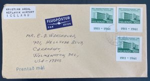 1975 Iceland Airmail Cover To Wilmington DE Usa university Imperf Stamp