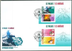 NIGER 2013 VOLCANOES & MINERALS  SET OF SHEETS  EACH CONTAINING  TWO STAMPS  FDC