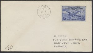 1942 #CE1 16c Airmail Special Delivery FDC Ottawa to Hamilton Same Day