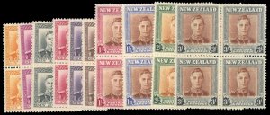 New Zealand #258-268 Cat$125.20, 1947 George VI, complete set in blocks of fo...