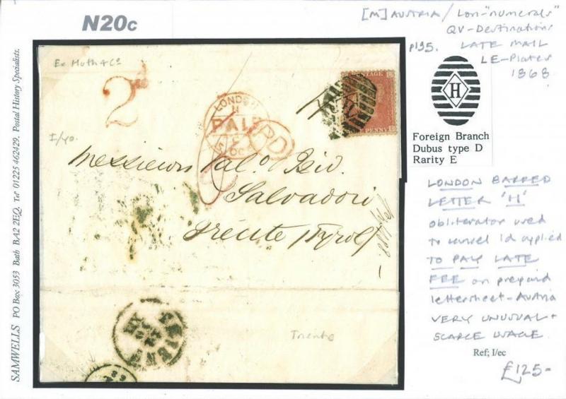 N20c 1868 GB BULK PREPAID DESTINATION MAIL London H Cancel Trient Tyrol Austria