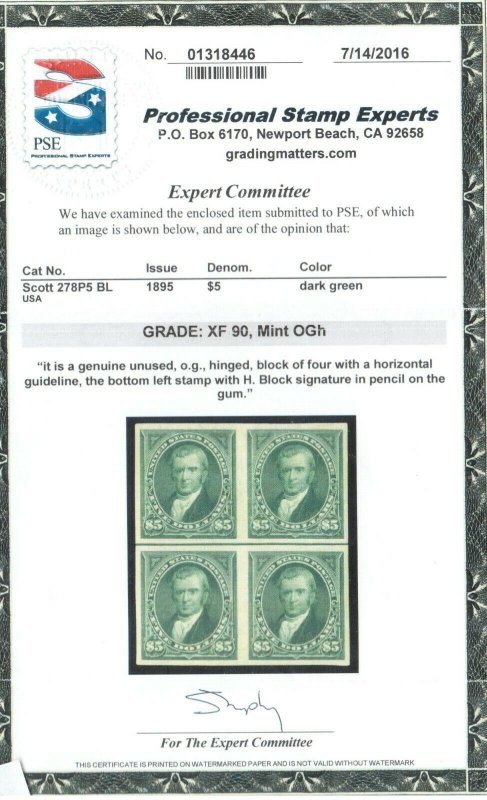 USA #278P5 Extra Fine Mint Imperf Block Plate Proof On Stamp Paper *With Cert.*
