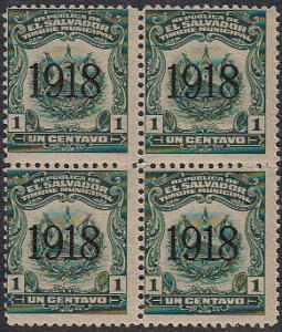 El Salvador One Cent Revenue 1916 Overprint MNH Blk of Four