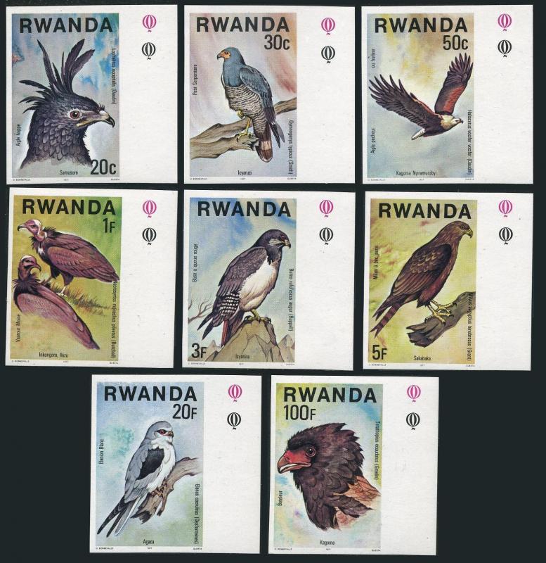 Rwanda 828-835 imperf,MNH.Mi 893B-900B,Birds of Prey,1977.Eagles,Vulture,Buzzard