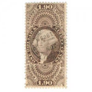 1863 $1.90 U.S. Internal Revenue, George Washington R80c Foreign Exchange Purple